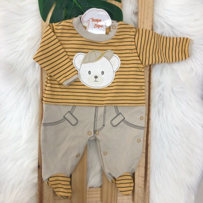 Macacão Trape Zape - Ursinho boné mostarda e bege